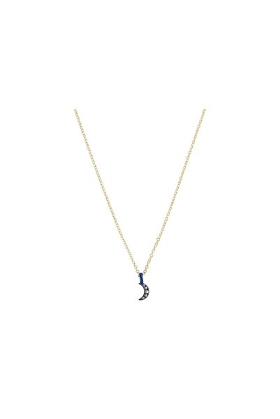 PETIT-ATELlER Female Blue Enamel Crescent Moon Zircon Pendant Gold Chain Neck...