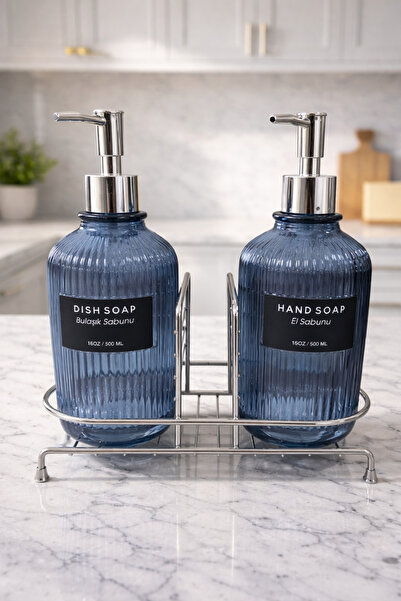 MAKRİ HOME Blue 2-Piece Glass Soap Dispenser/Detergent Dispenser, 500 Ml, wit...