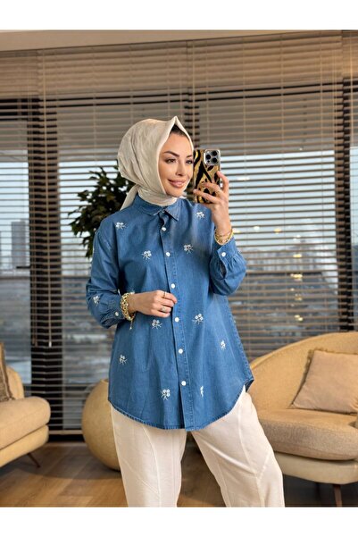 ALANURMODA Üstü Çiçek Nakışlı Gömlek
