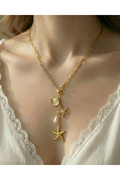 Gleemy accesories Altın kaplama deniz Sembollü Charm’lı Oval Ataç Zincir Y Kolye
