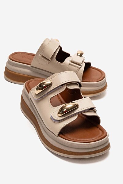 CCWAY AYAKKABI Women's Double Velcro Buckle Slippers Beige