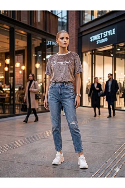 MaşuKa Kadife Kumaş Yazlık Kadın T-shirt (Tişört)