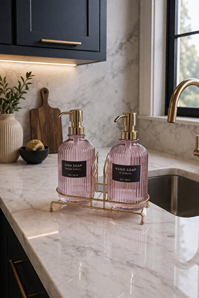 MAKRİ HOME Pink 2-Piece Glass Soap Dispenser/Detergent Dispenser, 500 Ml, wit...