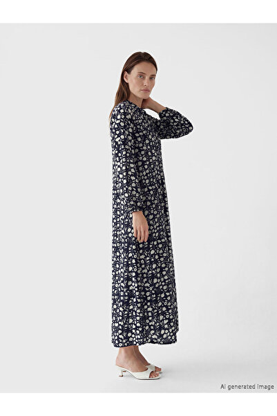 LC Waikiki Lcw Grace Navy Blue Judge Collar Patterned Dress with Nevavm Diffe...