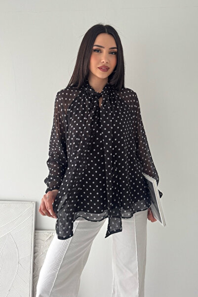 Bowni Line Puantiyeli Siyah Şifon Bluz BW003