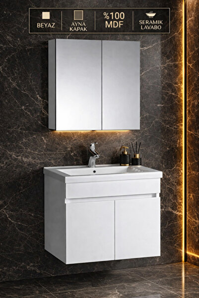 Multi Series 55 cm Beyaz MDF Banyo Dolabı Takımı - Seramik Lavabolu Aynalı Ha...