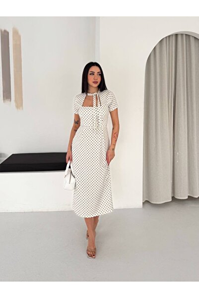Meros Atelier Polka Dot Pattern White Collar Lace Detailed Pleated Midi Lengt...