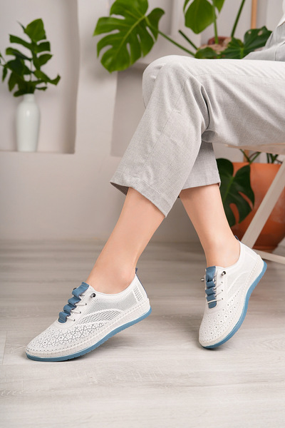 Deri Expres Genuine Leather Women's Casual White Blue Shoes