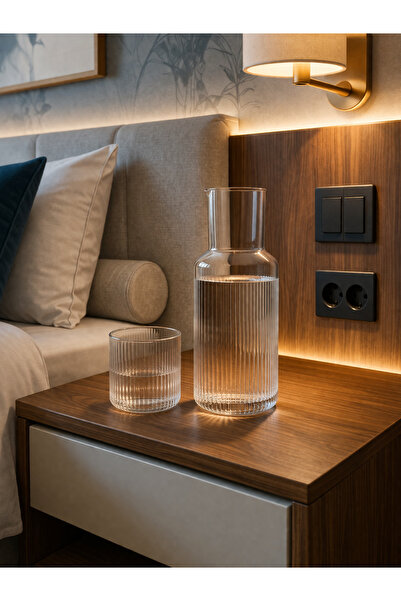 Chefstar Modern Cam Başucu Sürahi & Bardak Seti – Modern Çizgili Tasarım, 2 P...