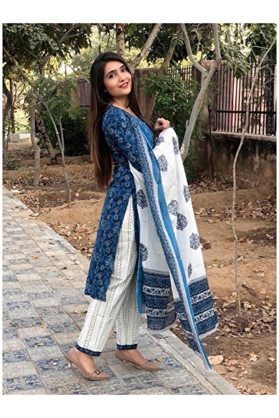 MYSMAR طقم كورتا وبنطلون بالازو أزرق مع دوباتا - ALV1142 - أزرق