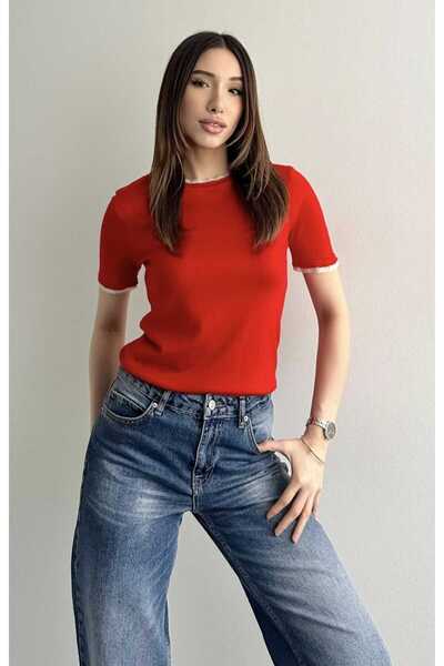 yeditepe fashion Lace Detail Short Sleeve Viscose Knitwear Blouse