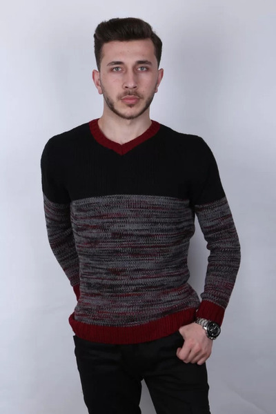 MORADO SE SIENTE PERFECTO Patterned Two Color V-Neck Men's Casual Knitwear Sw...