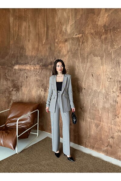 Female Clothing Asimetrik Pötikare Blazer Ceket Yüksek Bel Cepli Bol Paça Pan...