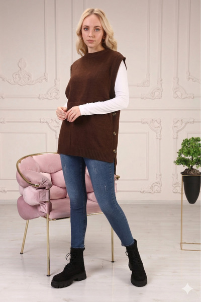 MA ananas Women's Button Detailed Casual Brown Sweater