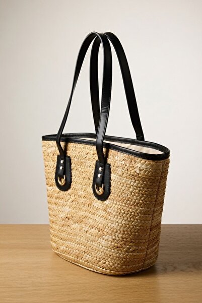 Mollycrush Γυναικεία ψάθινη τσάντα ώμου - Μαύρη δερμάτινη λεπτομερής τσάντα π...