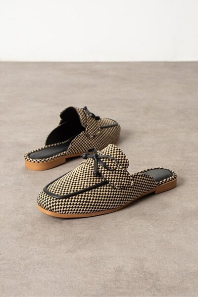 STOCON Checkered Black Bowknot Wooden Bead Detailed Closed-Front Slippers Stc1290