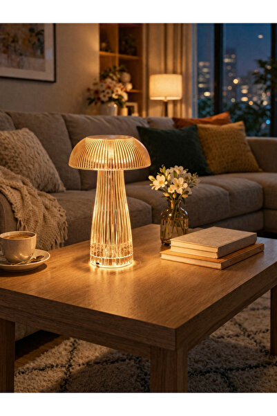 newar Şeffaf Mantar LED Masa Lambası Kumandalı Şarjlı Dokunmatik 3 Renk Gece ...