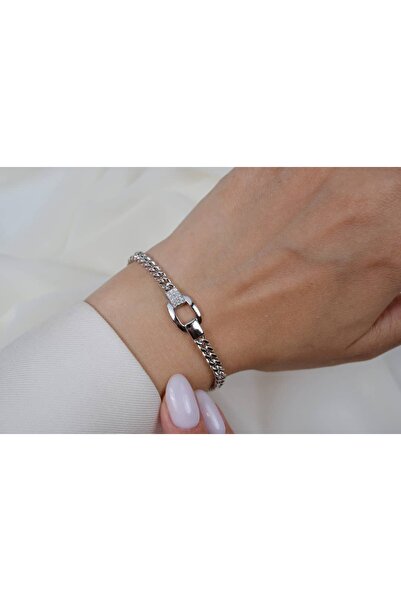 ATELİER TUĞBA Blk304 Lock Form Stone Chain Bracelet Silver (17 cm + 2 cm Exte...