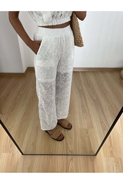 Myrum butik Mirel Ekru Beli Lastikli Fisto Pantolon