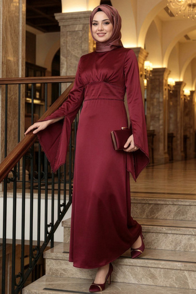 N.S NEVA STYLE Rochie de seară din satin, stil spaniol, culoare burgundă, cu ...