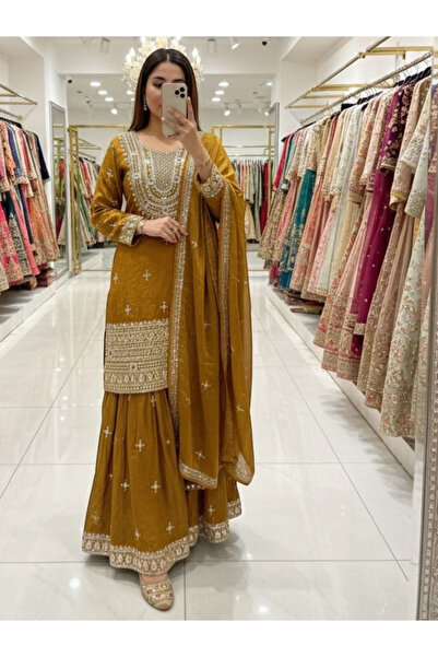 MYSMAR طقم فندي حرير باللون الخردلي (توب، بناطيل، ودوباتا) - HRT7572 - خردلي