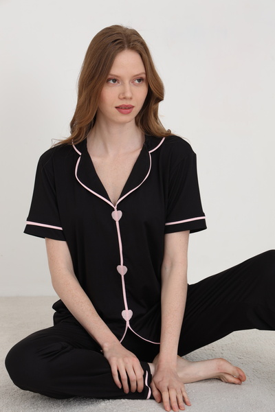 ELİTOL Bamboo Knitted Heart Embroidered Women's Pajama Set