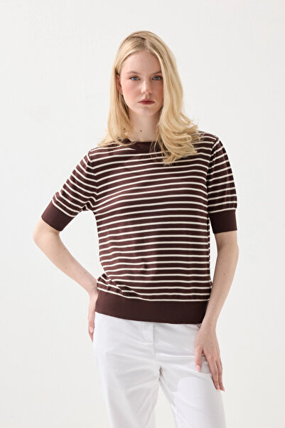 Gusto Striped Short Sleeve Knitwear Blouse - Brown