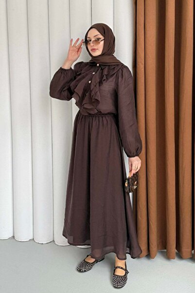 Modaensarbutik Önü Fırfırlı Detay Etekli Tesettür Takım-KAHVERENGİ