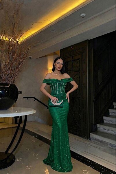 Modafeminen Shoulder low-cut fish model silvery crepe evening dress 583387 em...