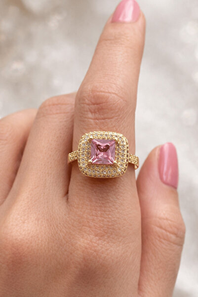 TAKIŞTIR Gold Color Pink Stone Detailed Adjustable Ring