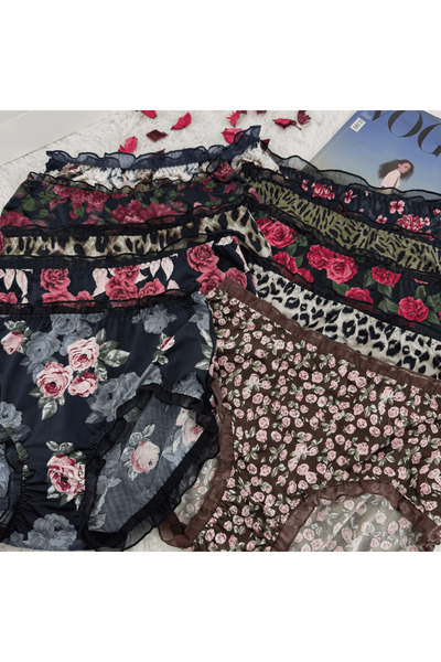 Elaram Ruffled Tulle Detailed Patterned Women's Panties |   Premium Chiffon |   Flower & Leopard Pattern