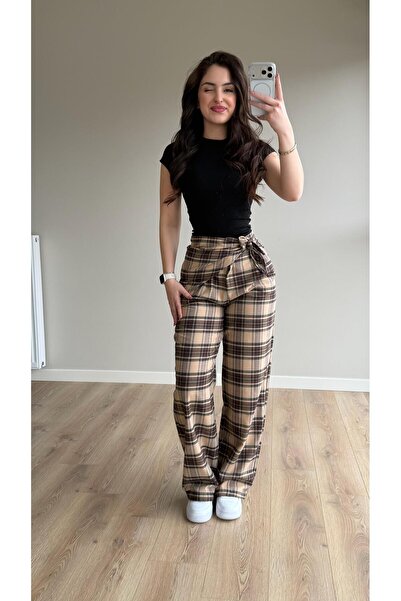ayşenur Dinçer butik Ekose Şallı Pantolon Açık Kahve
