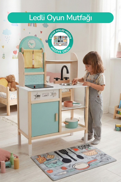 ROZİTOYS Ahşap Montessori Eğitici, Led Ocaklı Çocuk Mutfağı