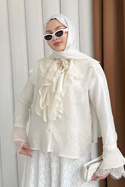Modaensarbutik Yaka Ve Kol Dantel Fırfır Detay Gömlek-EKRU