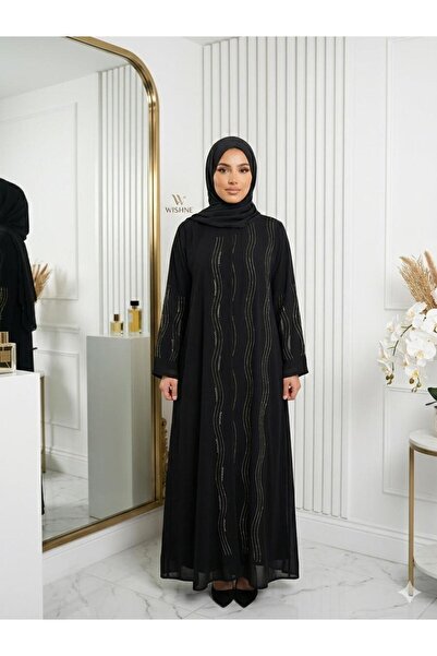 wishne Siyah Sim Detaylı Uzun Tesettür Abiye Elbise – 44-54 Beden Aralığı Şık...