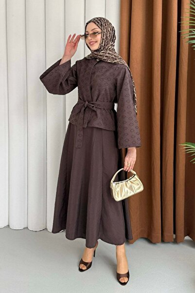 Modaensarbutik Gold Düğme Detay Ceket Etek Tesettür Takım-KAHVERENGİ