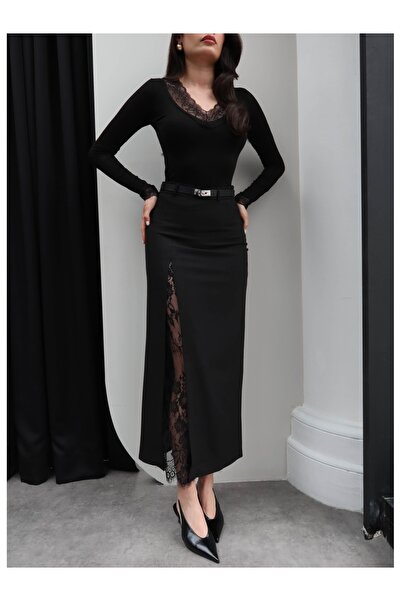 ESRAHELVACI Slit Lace Detail Fabric Skirt