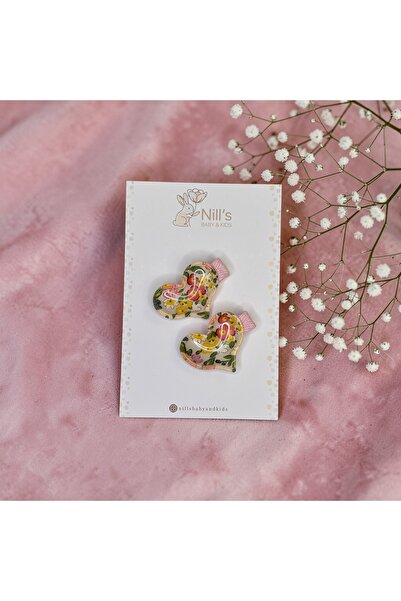 Nills Baby & Kids Çiçek Desenli Kalp Figürlü Pens Toka - Sarı & Pembe 2’li