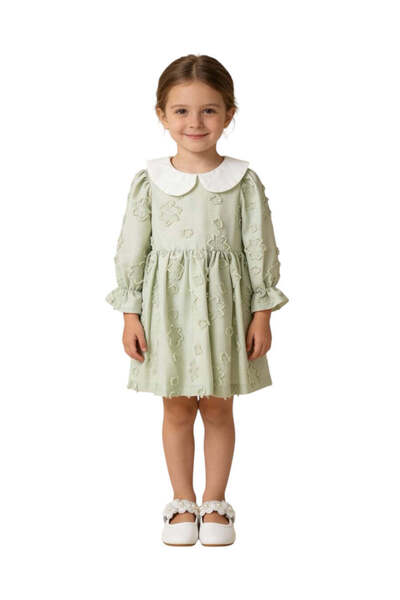 The-kid.co Floral Chiffon Long Sleeve Dress - Green