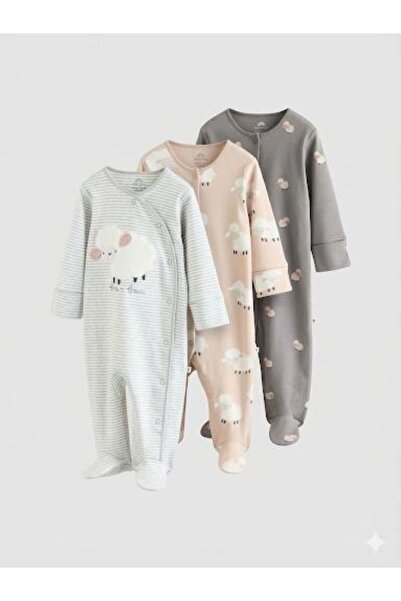 Next Baby Cotton Gray Sheep Patterned 3-Piece Jumpsuit Set