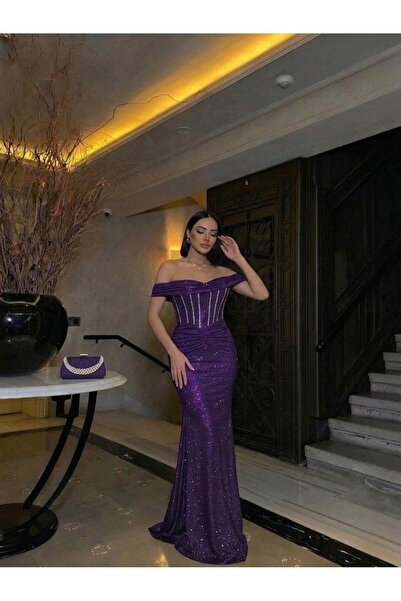 Modafeminen Off-the-shoulder low-cut mermaid style glitter crepe evening dres...