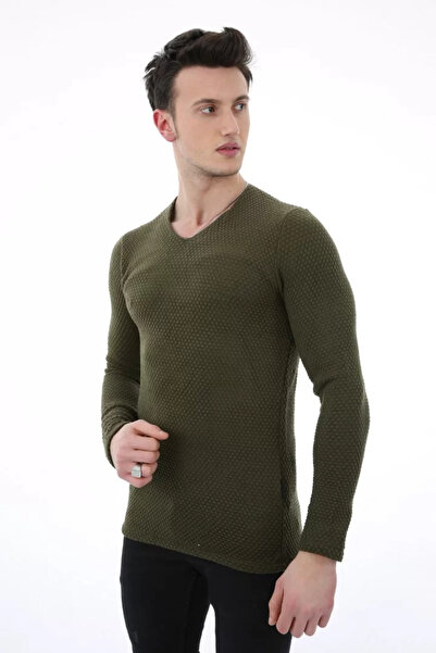 MORADO SE SIENTE PERFECTO Plain Embossed Patterned V-Neck Men's Casual Knitwe...
