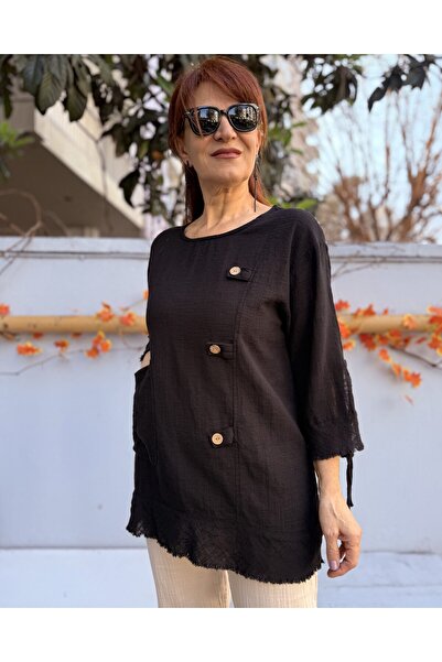 DenizEge Linen Textured Cotton Blouse Black