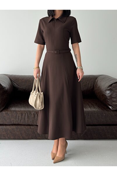 Eztila Shirt Collar Hidden Zipper Self-Belted Maxi Length Polyviscose Dress