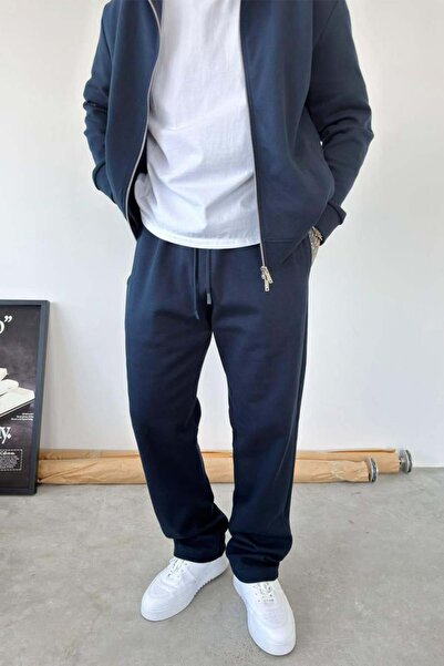 HAFKAGİYİM Navy Blue Textured Basic Regular Trousers with Elastic Waist