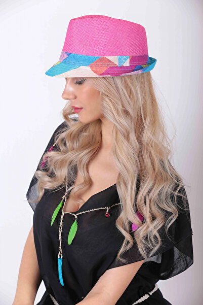 Bay Şapkacı قبعة بوهيمية من القش - قبعة نسائية صيفية ملونة بخطوط عرقية 6261