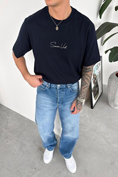 HAFKAGİYİM Navy Blue Embroidery Detailed Relaxed T-Shirt
