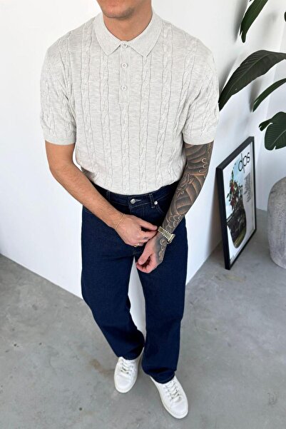 HAFKAGİYİM Γκρι πλεκτό μπλουζάκι με σχέδιο και λαιμόκοψη πόλο