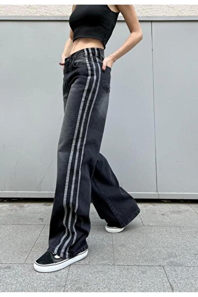 yesmoda Washable Baggy Jeans with Side Stripes Smoked