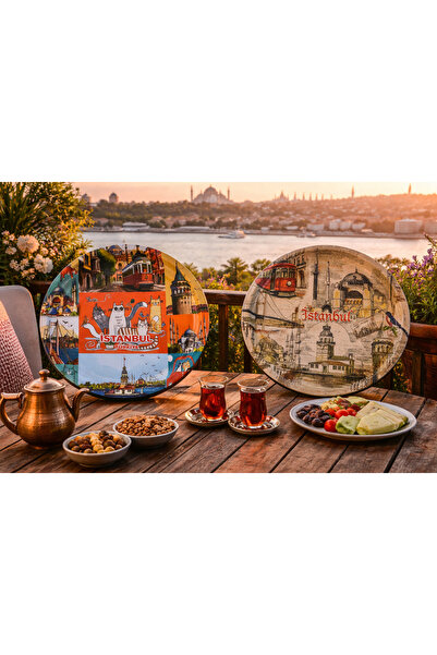 ATAGİFT HEDİYELİK 2Lİ TEPSİ SET- 30 CM METAL İSTANBUL TEMALI YUVARLAK SERVİS ...